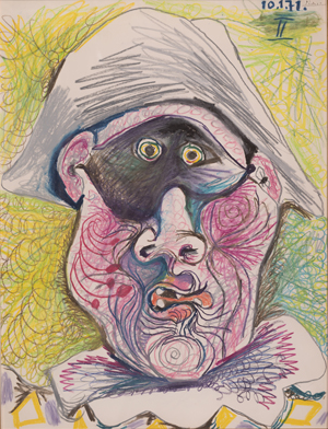 Pablo Picasso, testa di Arlecchino, 1971, matita e pastello su carta