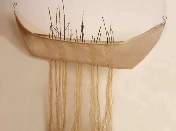Chicco Margaroli, Navetta, canapa in filo, ferro cotto, gemme di pruno selvatico, lamina d'argento, 2012