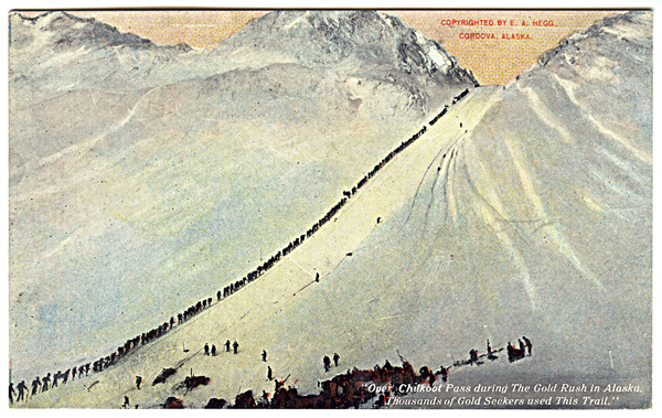 La lunga fila di cercatori in fila indiana al valico di Chilkoot Pass 1898, copy Eric.A.Hegg