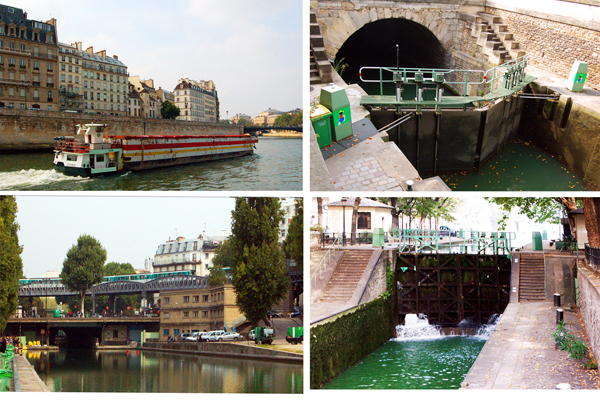 Chiatta fluviale sulla Senna, galleria canale Saint­-Martin presso Piazza della Bastiglia, Ponte Morland e salto di livello a paratie chiuse