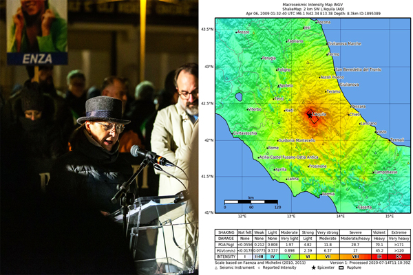 A sx la lettura dei nomi e a dx la mappa sismica dell'Ingv