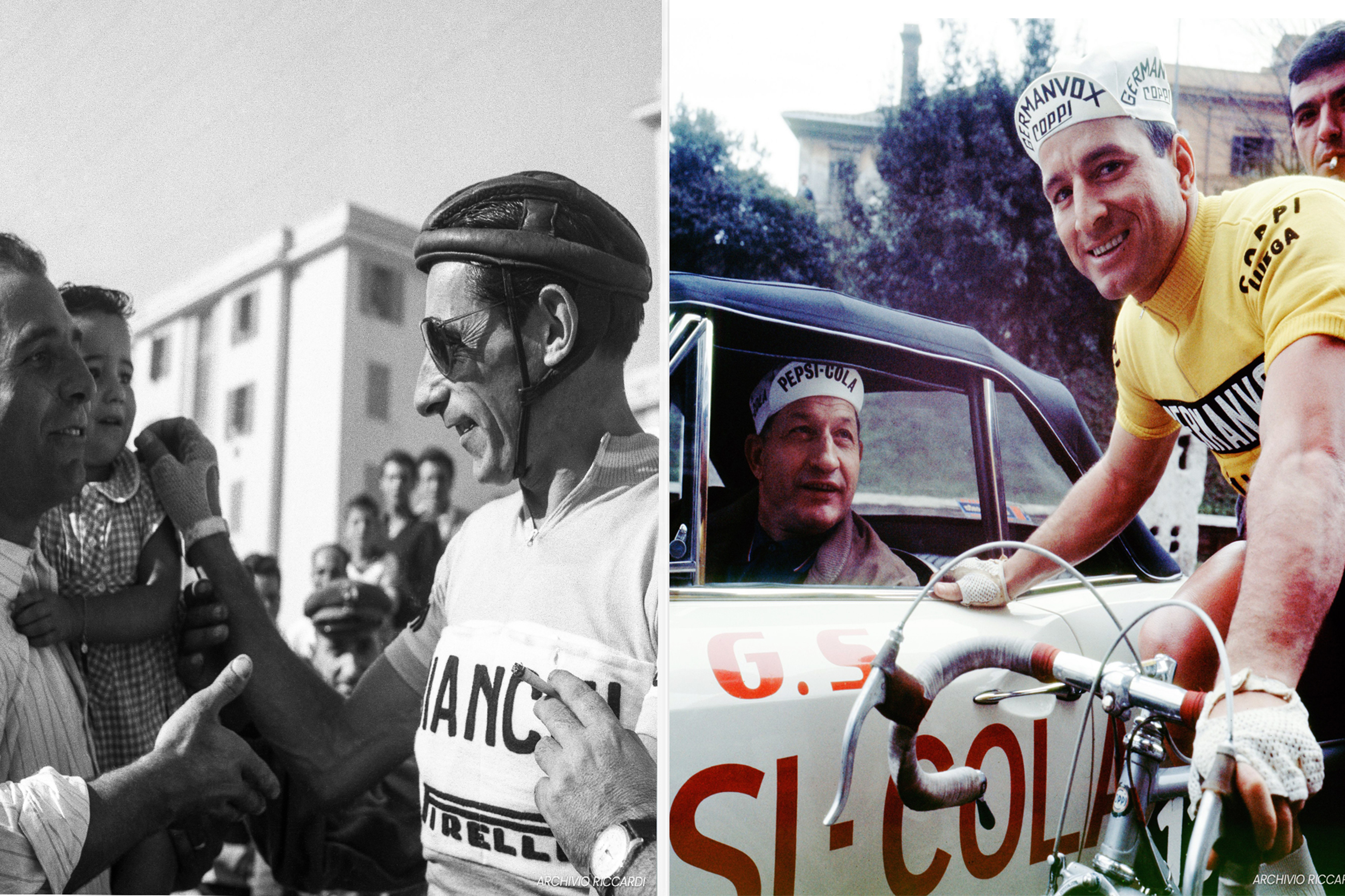 APERTURA Sx Coppi nel 1955 tappa Roma-Napoli. A dx Bartali in auto nel 1968 con V. Taccone